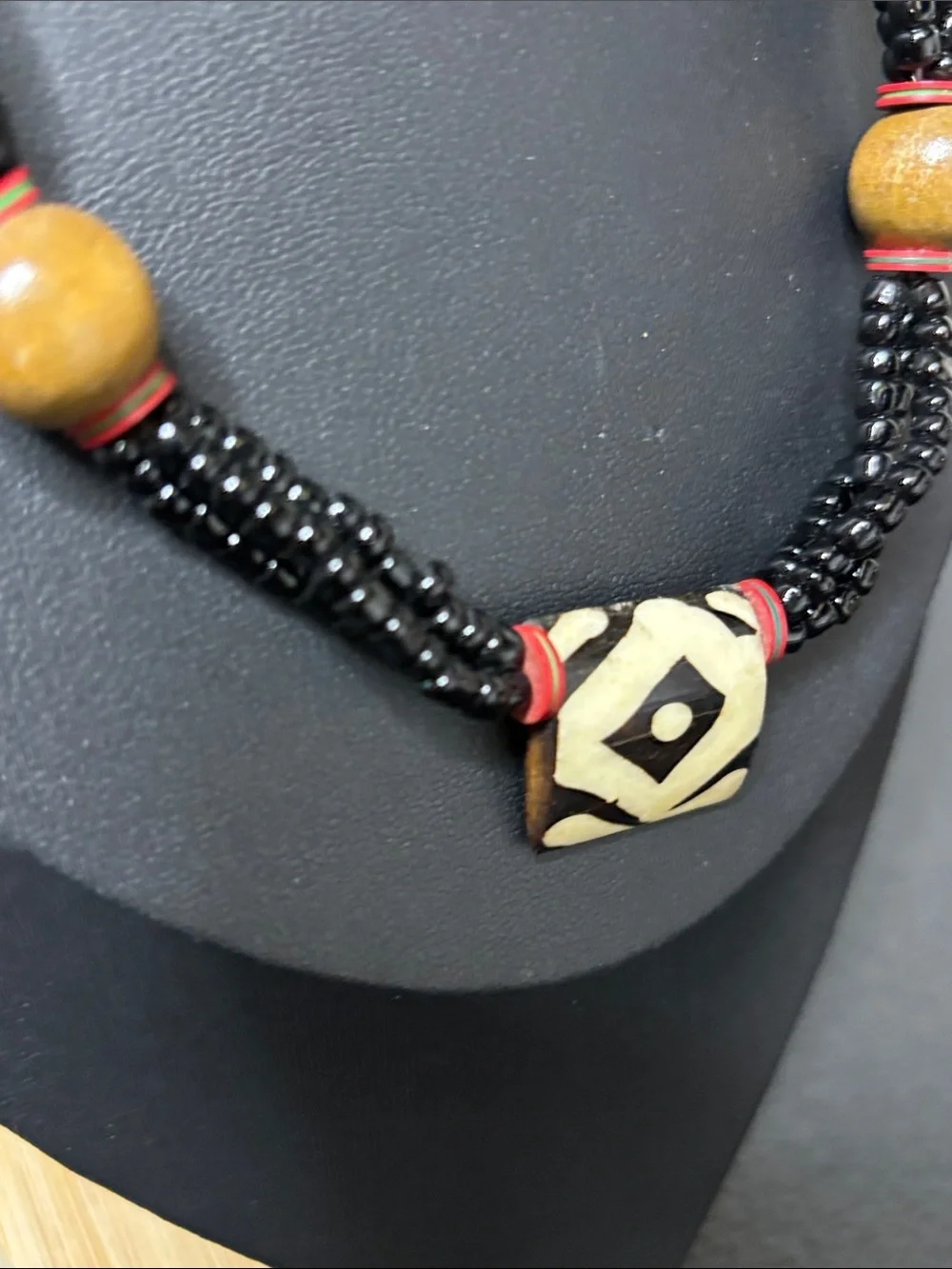 Vintage Black Glass Beaded Bone Pendant Boho Artisan Necklace